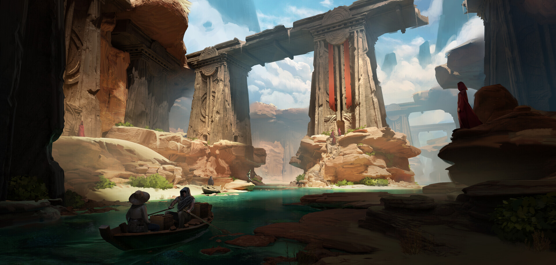 Adventurous heroes exploring cursed lands in ancient curse books